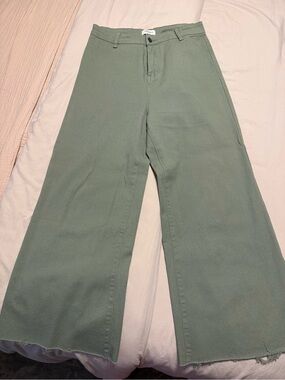 Anniewear Denim Sage Green Wide Leg Raw Hem Pants | XL Boutique